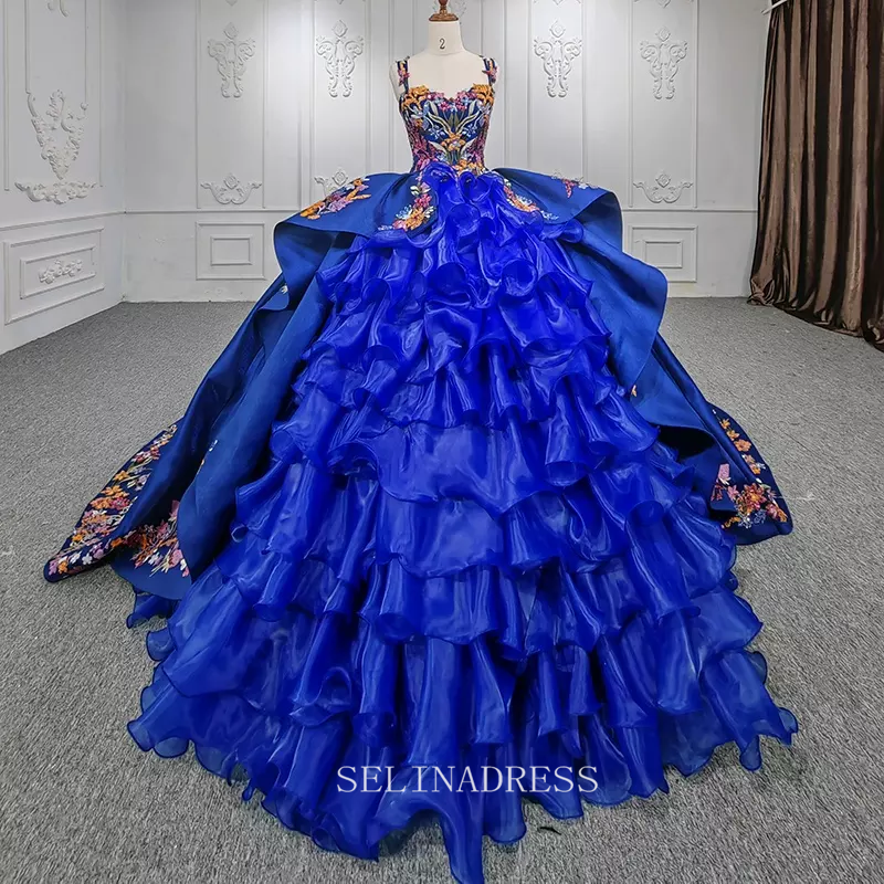 Elegant Royal Blue Beaded Ball Gown Organza Sequins Evening Dress For Women DY9967|Selinadress