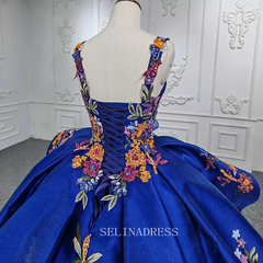 Elegant Royal Blue Beaded Ball Gown Organza Sequins Evening Dress For Women DY9967|Selinadress