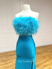 Elegant Sheath/Column Strapless Prom Dress Blue Long Formal Gown With Feather Evening Dress #LOP608|Selinadress