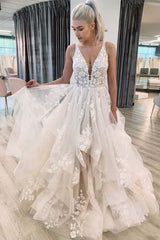 Elegant V Neck Ball Gown Lace Rustic Wedding Dresses Appliques Tired KPW001|Selinadress
