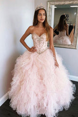 A Line Sweetheart Pink Tulle Beaded Layered Long Sweet Prom Dress Prom Gown GRD011