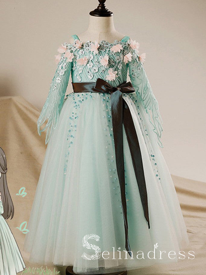 Long Sleeves Mint Tulle A-line Lace Flower Girl Dress With Sash GRS004|Selinadress