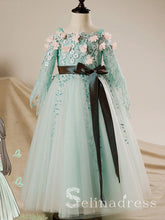 Long Sleeves Mint Tulle A-line Lace Flower Girl Dress With Sash GRS004|Selinadress