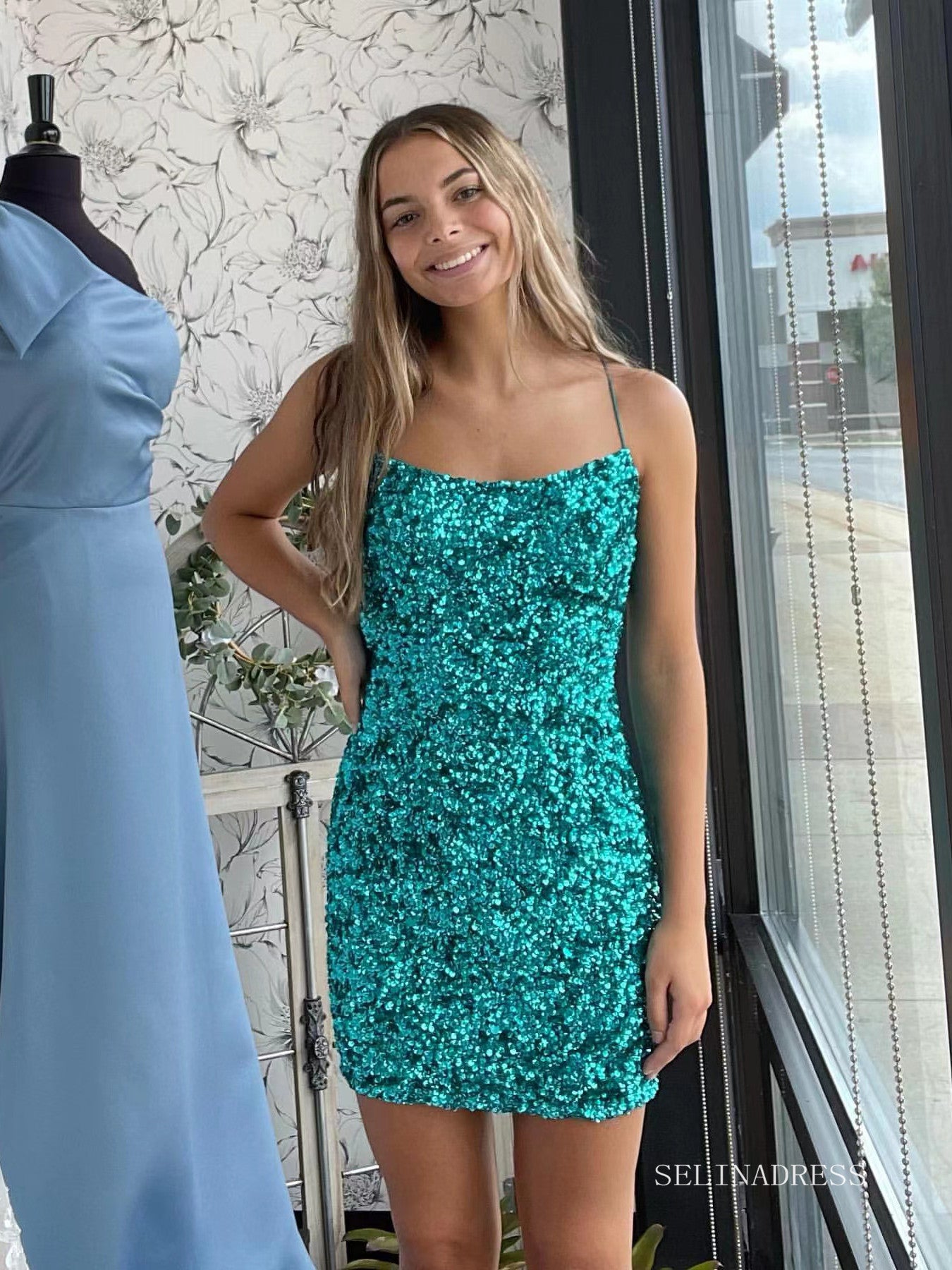 Glittery Bright Blue Sequins Homecoming Dresses 2022 Spaghetti Straps Cocktail Dresses #TKL005|Selinadress