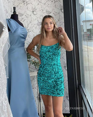 Glittery Bright Blue Sequins Homecoming Dresses 2022 Spaghetti Straps Cocktail Dresses #TKL005|Selinadress