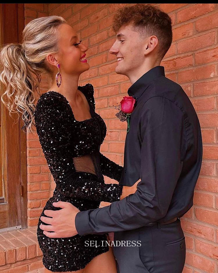 Glittery Little Black Homecoming Dresses Mini Cocktail Dresses