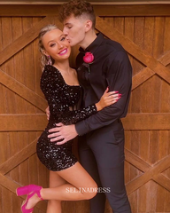 Glittery Little Black Homecoming Dresses Mini Cocktail Dresses Pageant Bridal Dresses #TKL034|Selinadress