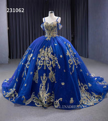 Gold Decoration Royal Blue Ball Gowns Tulle Wedding Dresses 231062|Selinadress