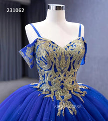 Gold Decoration Royal Blue Ball Gowns Tulle Wedding Dresses 231062|Selinadress