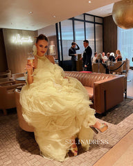 Gorgeous Halter Yellow Ball Gown Layered See Through Tulle Evening Dress #JKW015