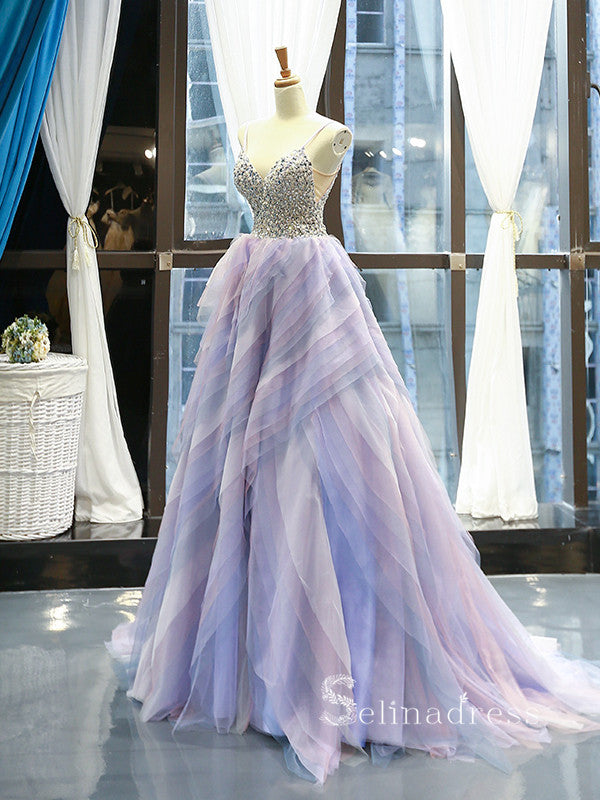 Gorgeous Rhinestones V Neck Long Formal Prom Dress Spaghetti Straps Ev ...