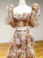 Gorgeous Two Pieces Prom Dress Elegant Puff Sleeve Long Formal Gown Floral Dress #LOP606|Selinadress