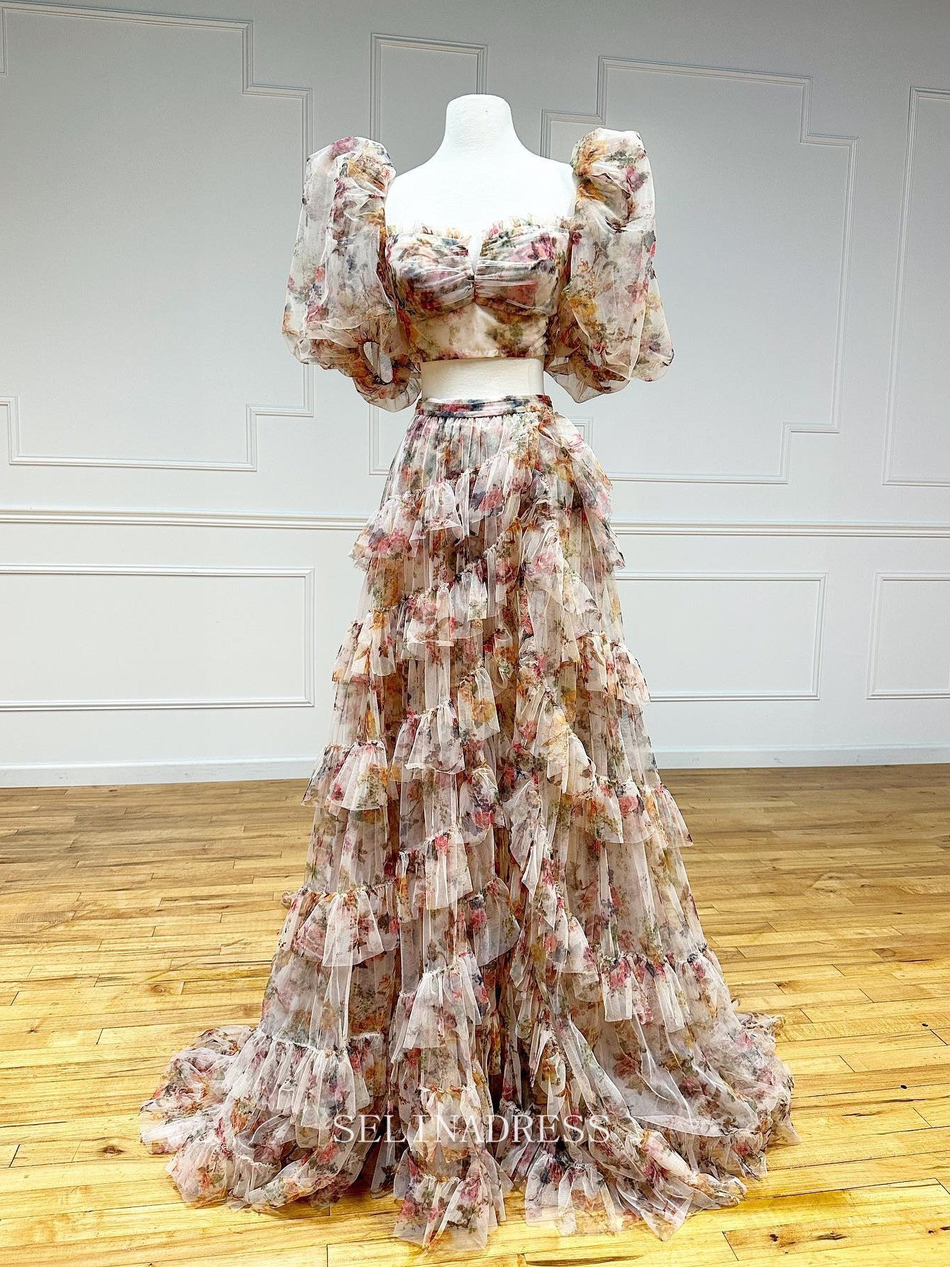 Gorgeous Two Pieces Prom Dress Elegant Puff Sleeve Long Formal Gown Floral Dress #LOP606|Selinadress