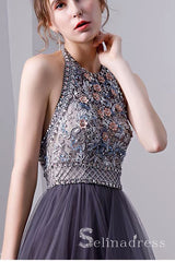 Grey Tulle 3D Flowers Backless Beading High Neck Long Prom Dress Evening Gowns SED046