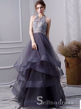 Grey Tulle 3D Flowers Backless Beading High Neck Long Prom Dress Evening Gowns SED046