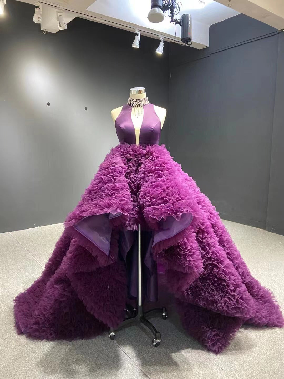 High Low Grape Layered Ball Gown High Neck Wedding Dress RSM67507|Selinadress