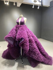 High Low Grape Layered Ball Gown High Neck Wedding Dress RSM67507|Selinadress