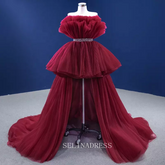 High Low Vintage Simple Burgundy Ruched Prom Dress Evening Dress With Long Tail 222141