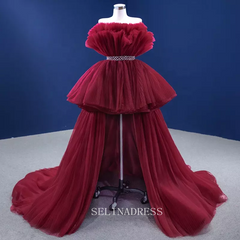 High Low Vintage Simple Burgundy Ruched Prom Dress Evening Dress With Long Tail 222141