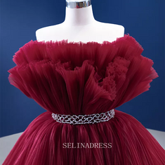 High Low Vintage Simple Burgundy Ruched Prom Dress Evening Dress With Long Tail 222141