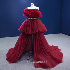 High Low Vintage Simple Burgundy Ruched Prom Dress Evening Dress With Long Tail 222141