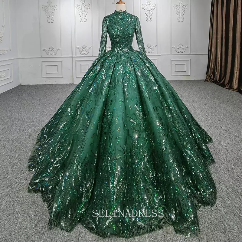 High Neck Long Sleeve Muslim Long PromDress Full Sleeve Sequined Ball Gown Evening Dress DY1108|Selinadress