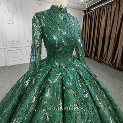 High Neck Long Sleeve Muslim Long PromDress Full Sleeve Sequined Ball Gown Evening Dress DY1108|Selinadress