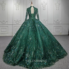 High Neck Long Sleeve Muslim Long PromDress Full Sleeve Sequined Ball Gown Evening Dress DY1108|Selinadress