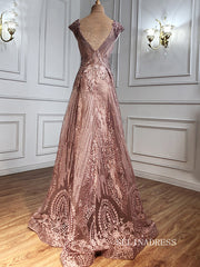 High Quality luxury Scoop Beaded Pink Prom Dress Dubai Evening Formal Gowns hlkS001|Selinadress