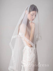 Lace Hemline Ivory Tulle Wedding Veils ALC010