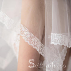 Lace Hemline Ivory Tulle Wedding Veils ALC010