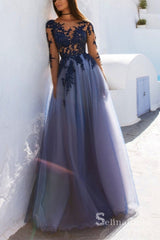 Lavender and Blue Long Prom Dresses A-line Bateau Long Sleeve Prom Gowns Formal Dresses SE007