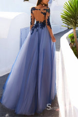 Lavender and Blue Long Prom Dresses A-line Bateau Long Sleeve Prom Gowns Formal Dresses SE007