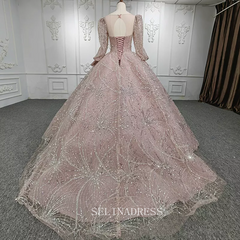 Long Fuff Sleeve Scoop Pink Beaded Ball Gown Sequined Tulle Evening Dress DY5660|Selinadress