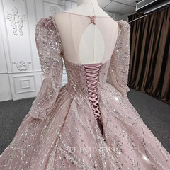 Long Fuff Sleeve Scoop Pink Beaded Ball Gown Sequined Tulle Evening Dress DY5660|Selinadress