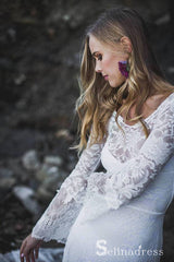 Long Sleeve Beach Wedding Dresses Chapel Train Romantic Lace Bridal Gown SEW038|Selinadress