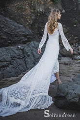 Long Sleeve Beach Wedding Dresses Chapel Train Romantic Lace Bridal Gown SEW038|Selinadress