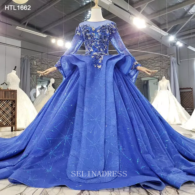 Chic Beautiful Blue Ball Gown Elegant Princess Dress Floral Lace Eveni –  SELINADRESS