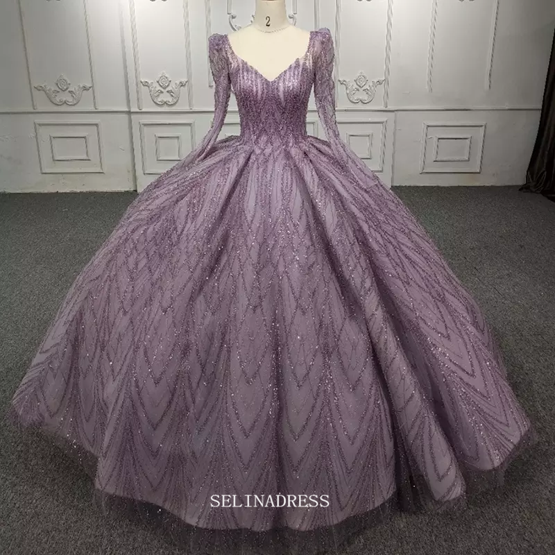Long Sleeve Lilac Ball Gown Prom Dress Beaded Pageant Dress DY5667|Selinadress
