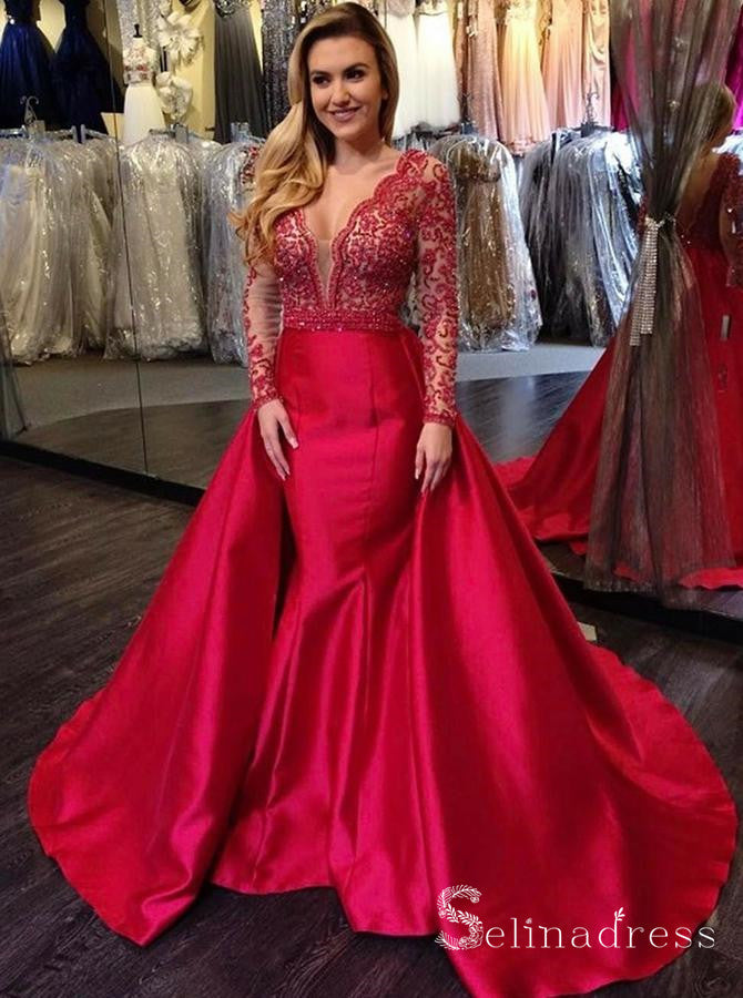 Long Sleeve Mermaid Prom Dresses Red Lace Gorgeous Formal Gowns SED016 – selinadress