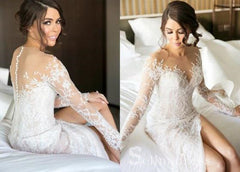 Long Sleeve Two Pieces Sexy Wedding Dresses Sheath/Column Split Bridal Gown SEW009|Selinadress
