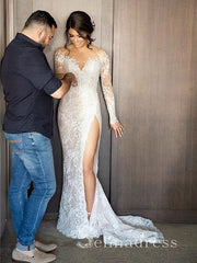 Long Sleeve Two Pieces Sexy Wedding Dresses Sheath/Column Split Bridal Gown SEW009|Selinadress