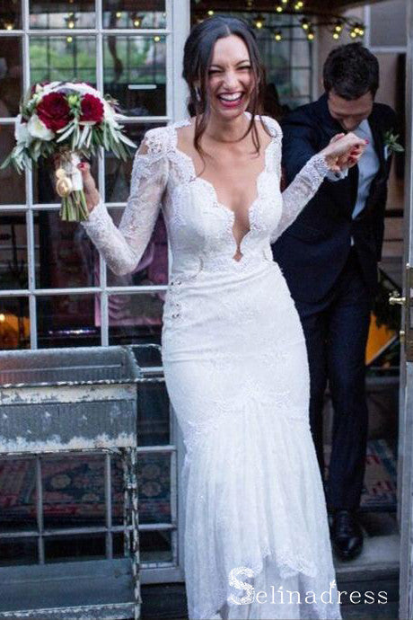 Long Sleeve Wedding Dresses Mermaid Floor-length Romantic Lace Bridal Gown SEW036|Selinadress