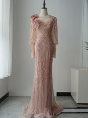 luxurious Mermaid 3d Floral Flower Beaded Long Prom Dress Lantern Sleeve Evening Dresses GKF010|Selinadress