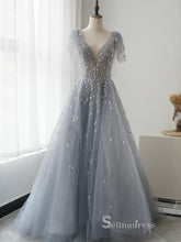 luxury A-line V neck Short Sleeve Silver Long Prom Dress Beaded Evening Dress MLH0473|Selinadress
