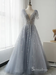 luxury A-line V neck Short Sleeve Silver Long Prom Dress Beaded Evening Dress MLH0473|Selinadress