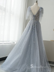 luxury A-line V neck Short Sleeve Silver Long Prom Dress Beaded Evening Dress MLH0473|Selinadress