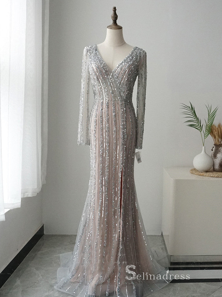 long sleeve sequin dress silver luxury Mermaid Beaded Prom Long Evening Dress – SELINADRESS Leopard Print Halter Neck This silver sequin mini Nosto-50 Size:46R/40W