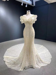 Luxury Mermaid Long Sleeve White Wedding Dress Beaded Bridal Gowns 231003|Selinadress