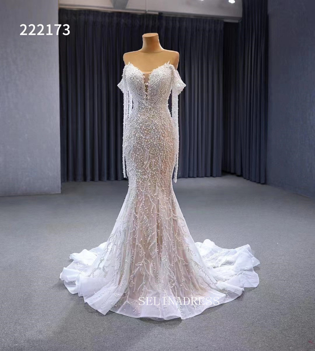 Luxury Mermaid Long Sleeve White Wedding Dress Beaded Bridal Gowns 222173|Selinadress